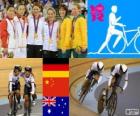 Podyum Bisiklet parça kadın takım sprint, Kristina Vogel, Miriam Welte (Almanya), Gong Jinjie, Guo Shuang (Çin) ve Kaarle McCulloch, Anna Meares (Avustralya) - Londra 2012-